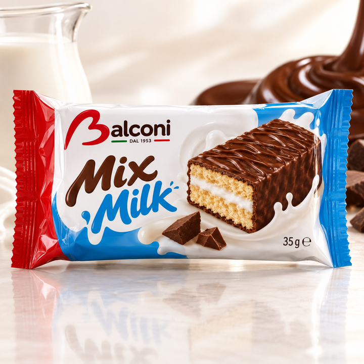 Balconi Mix Milk 35 g – Produktbild mit Milch- und Schokoladenhintergrund
