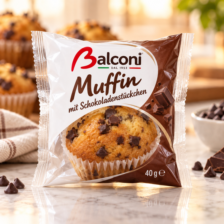 Balconi Muffin mit Schokoladenstückchen 40 g – Produktbild mit warmem Schokoladenhintergrund