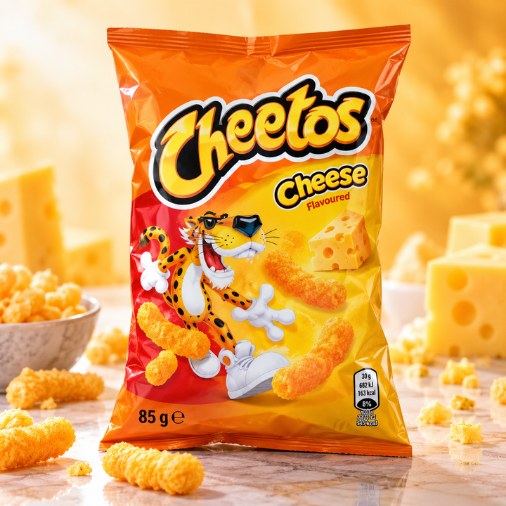 Cheetos Cheese 85 g – Produktbild mit Käse-Hintergrund