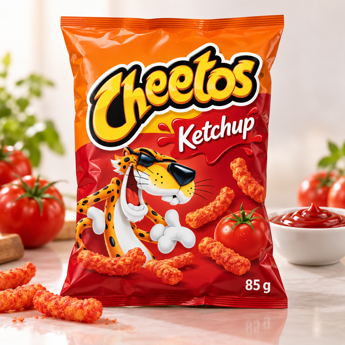 Cheetos Ketchup 85 g – Produktbild mit Tomaten- und Ketchup-Hintergrund