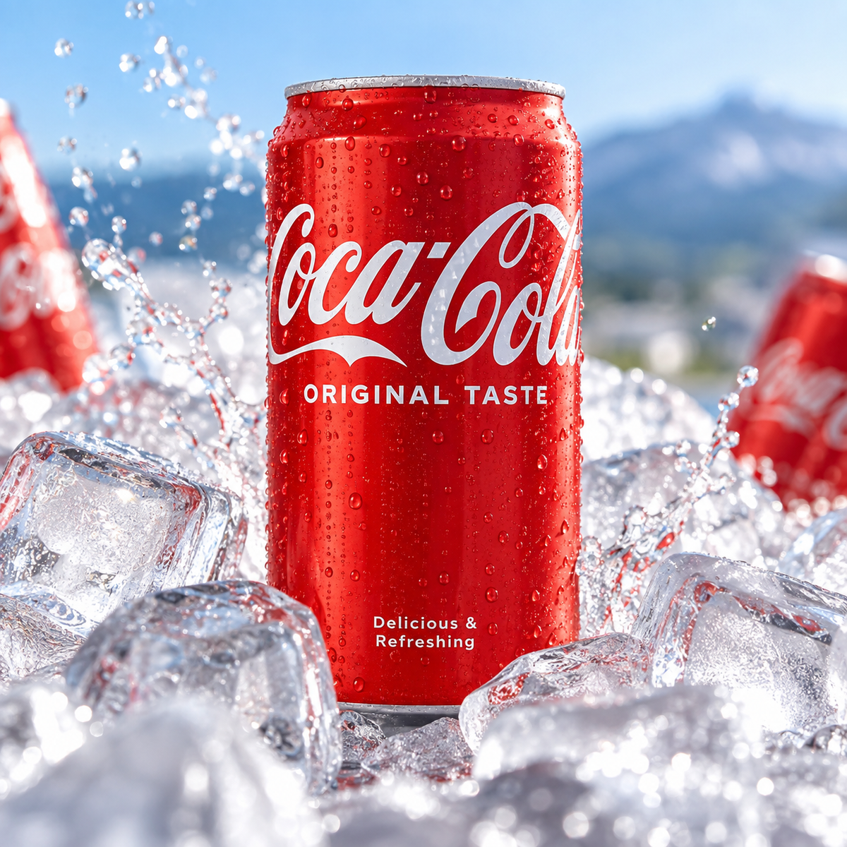 Coca-Cola Original 330 ml – Produktbild mit Eis- und Wasser-Hintergrund
