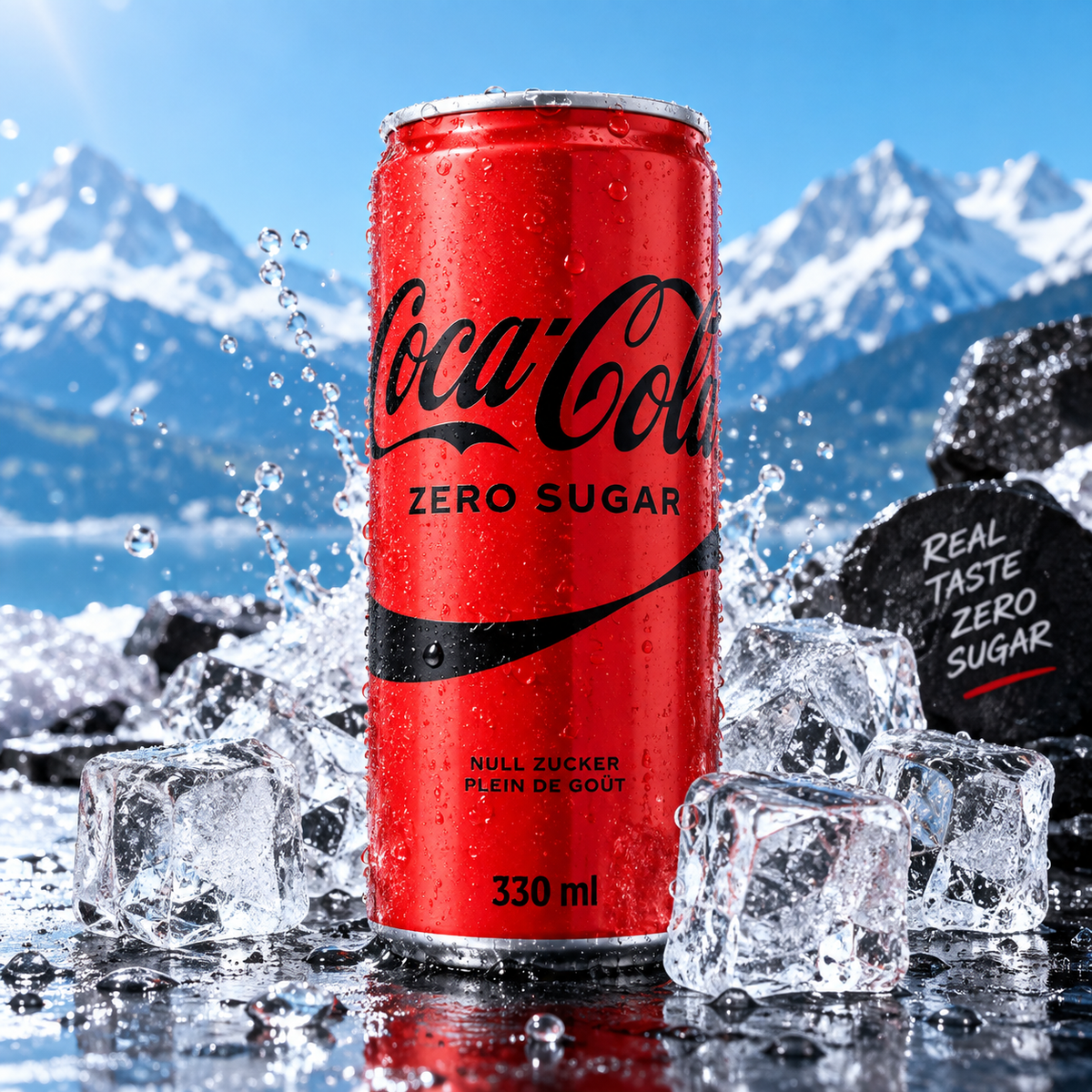 Coca-Cola Zero 330 ml – zusätzliche gekühlte Produktaufnahme mit Eis und Alpen-Hintergrund