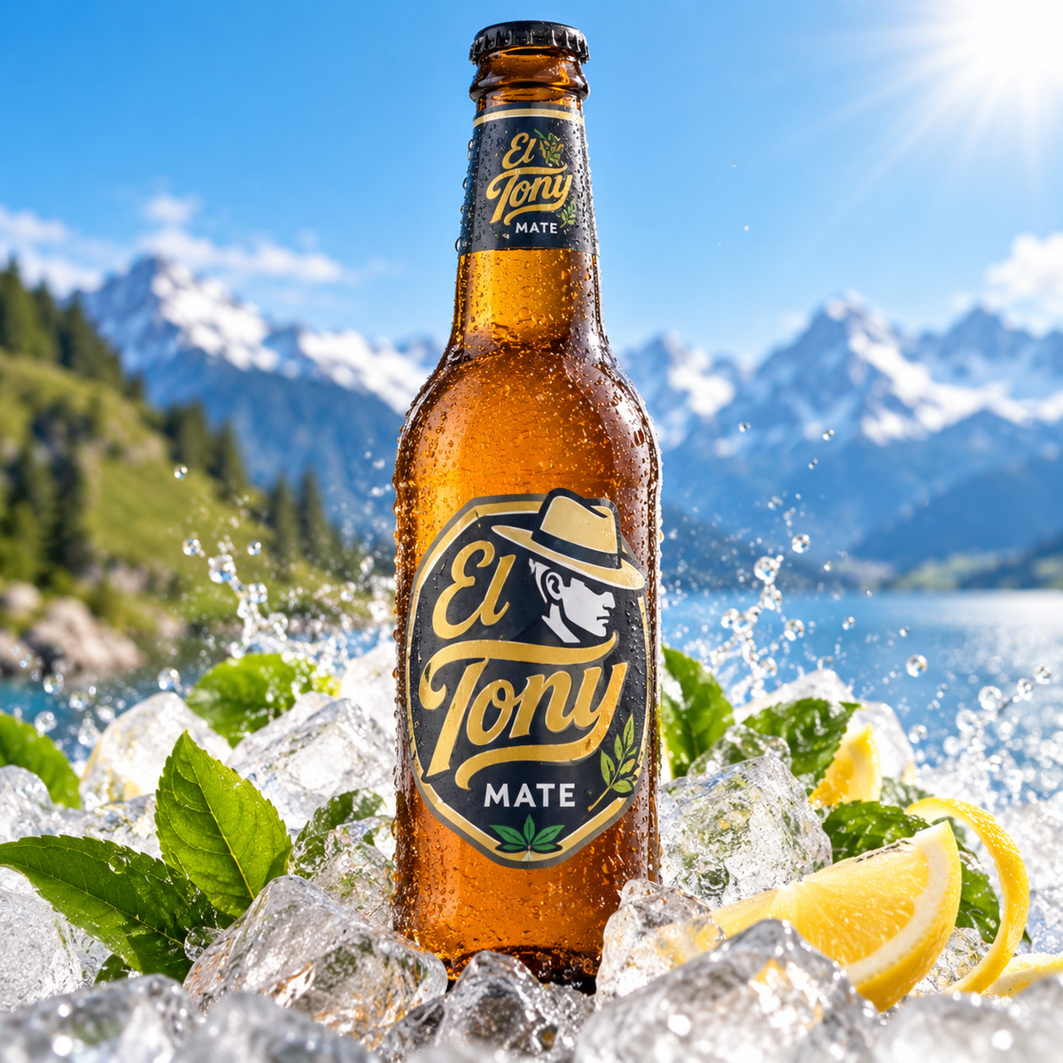 El Tony Mate 330 ml Glasflasche – Produktbild mit Eis, Zitrone und Alpen-Hintergrund