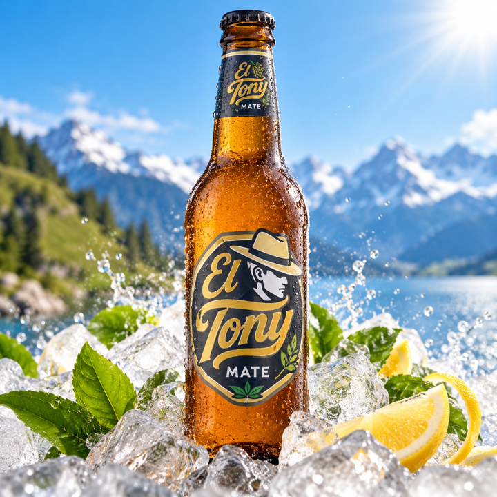 El Tony Mate 330 ml Glasflasche – Produktbild mit Eis, Zitrone und Alpen-Hintergrund