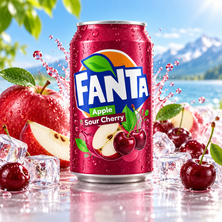 Fanta Apple Sour Cherry 330 ml – Produktbild mit Apfel, Kirsche und Eis
