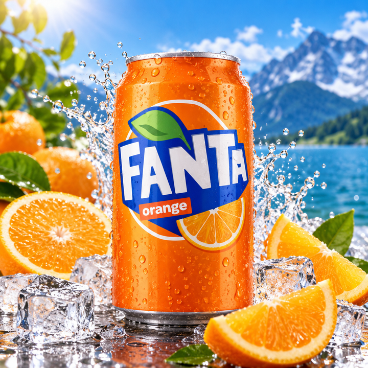 Fanta Orange 330 ml – Produktbild mit Orangen, Eis und Wasser-Hintergrund