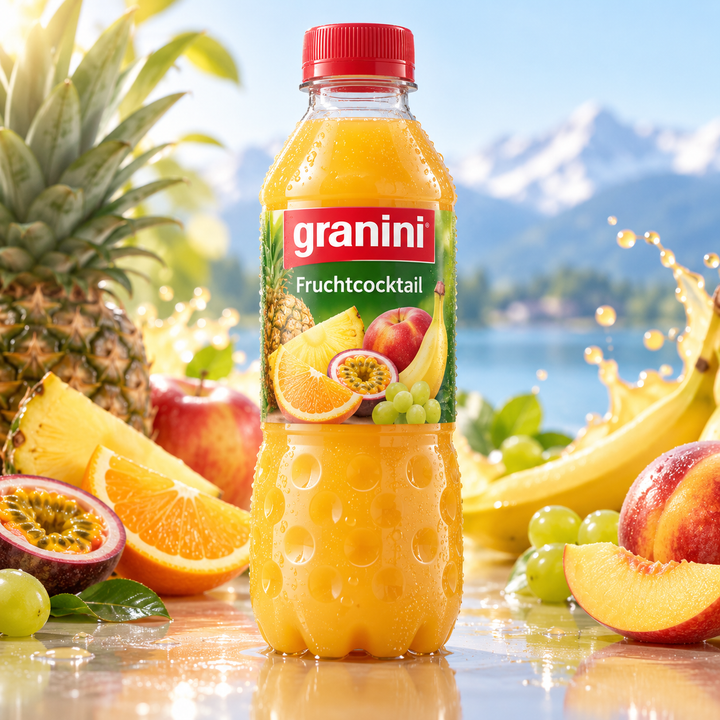 Granini Fruchtcocktail 330 ml PET – Produktbild mit frischem Frucht-Hintergrund