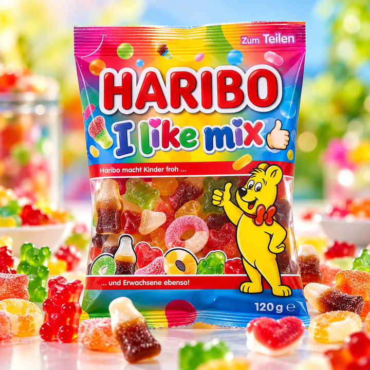 Haribo I Like Mix 120 g – Produktbild mit buntem Fruchtgummi-Hintergrund