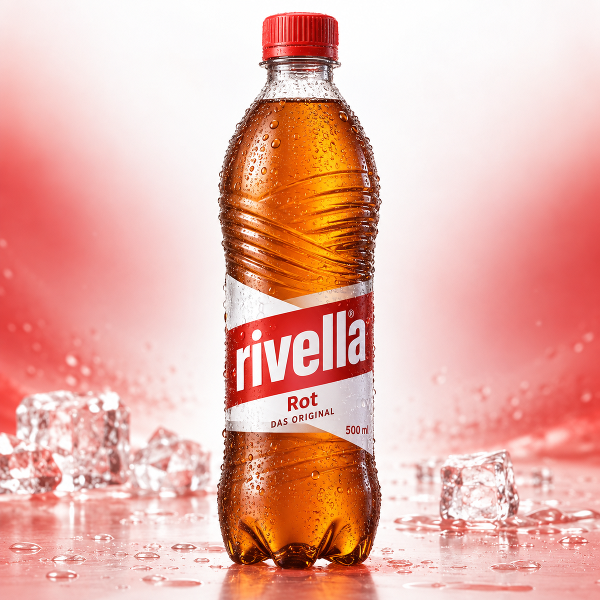 Rivella Rot 500 ml PET – Produktbild mit Eis und kaltem Frische-Hintergrund