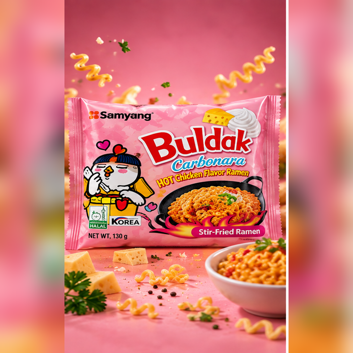 Samyang Buldak Carbonara Ramen 130 g – pink ecommerce scene with noodles and cheese