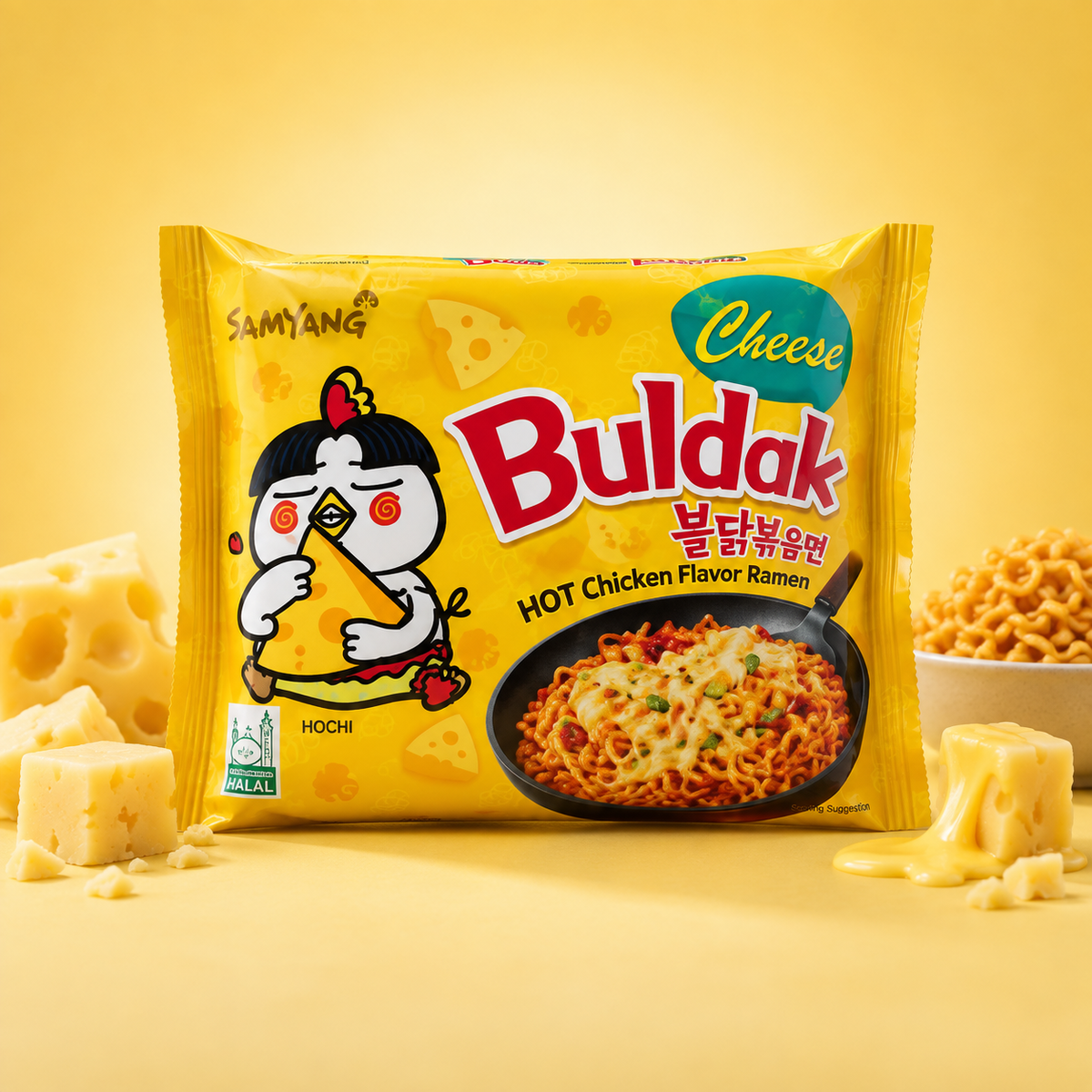 Samyang Buldak Cheese Ramen 140 g – Produktbild mit Käse- und Ramen-Hintergrund