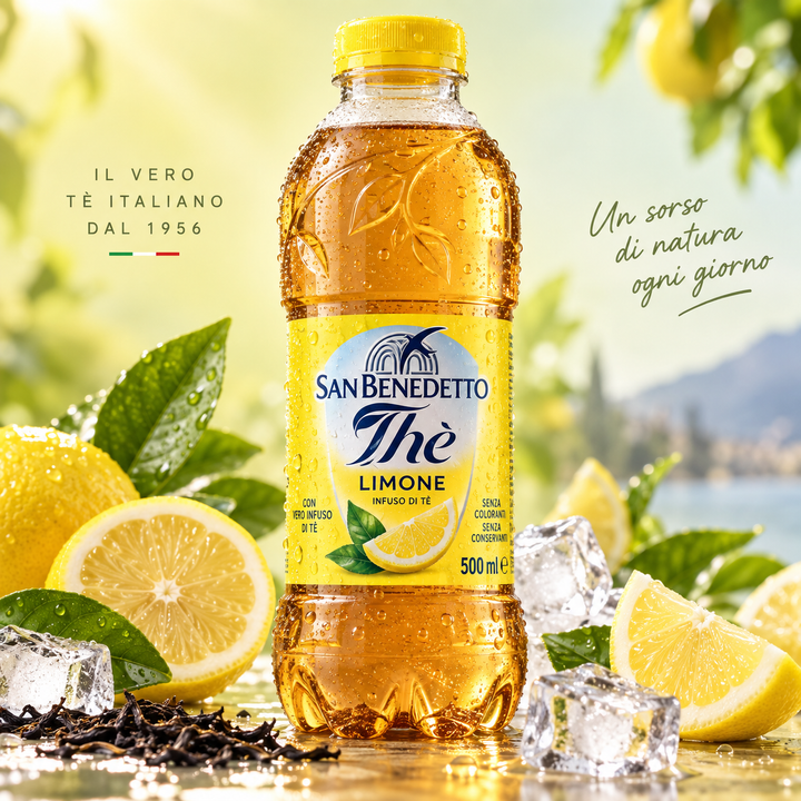 San Benedetto Limone 500 ml – 500-ml-PET-Flasche mit Zitrone, Eis und Tee-Hintergrund