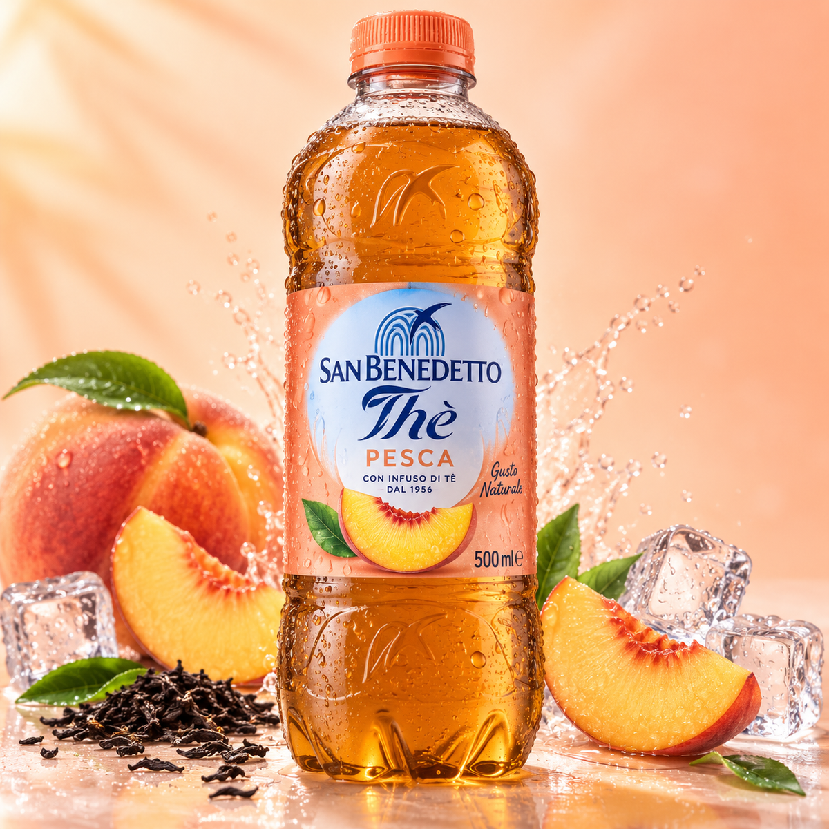 San Benedetto Pesca 500 ml – 500-ml-PET-Flasche mit Pfirsich, Eis und Tee-Hintergrund