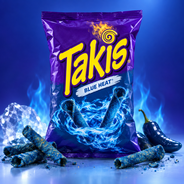 Takis Blue Heat 100 g – Produktbild mit blauem würzigem Snack-Hintergrund