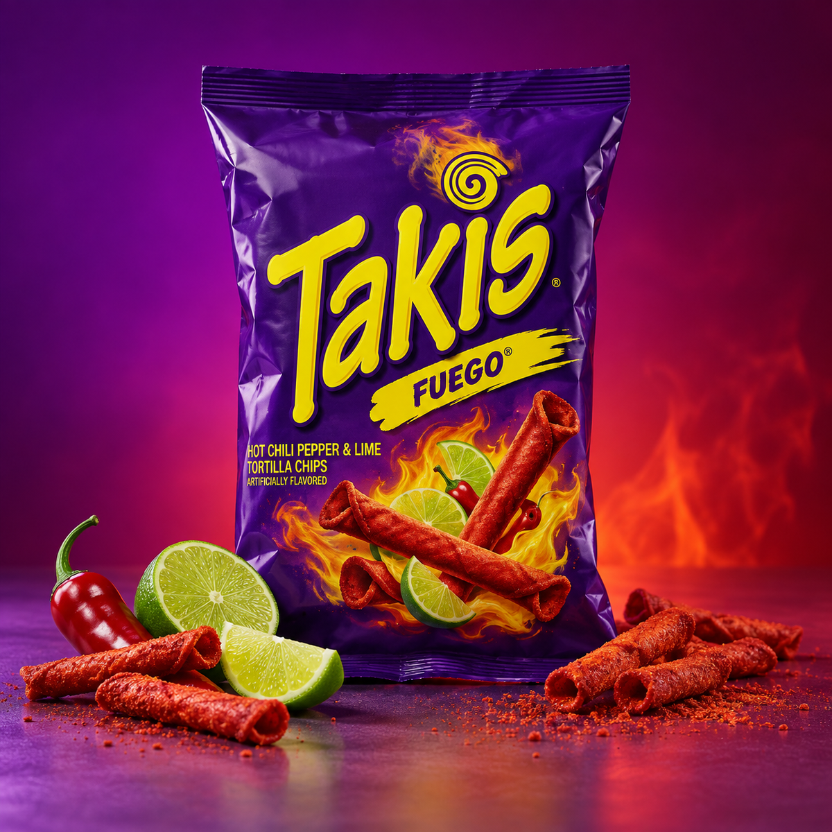 Takis Fuego Chili & Limette 100 g – Produktbild mit Chili-, Limetten- und Feuer-Hintergrund
