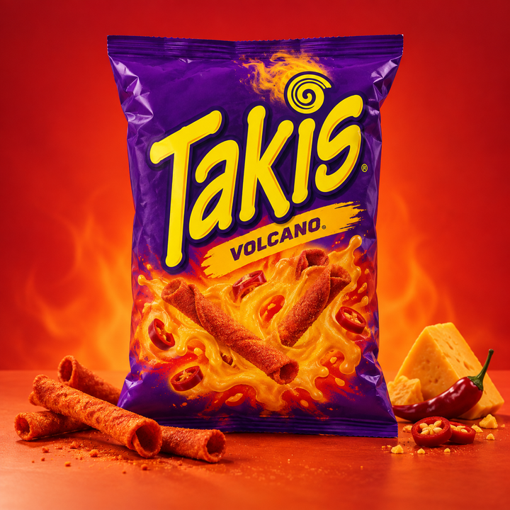Takis Volcano 100 g – Produktbild mit Chili-, Käse- und Feuer-Hintergrund