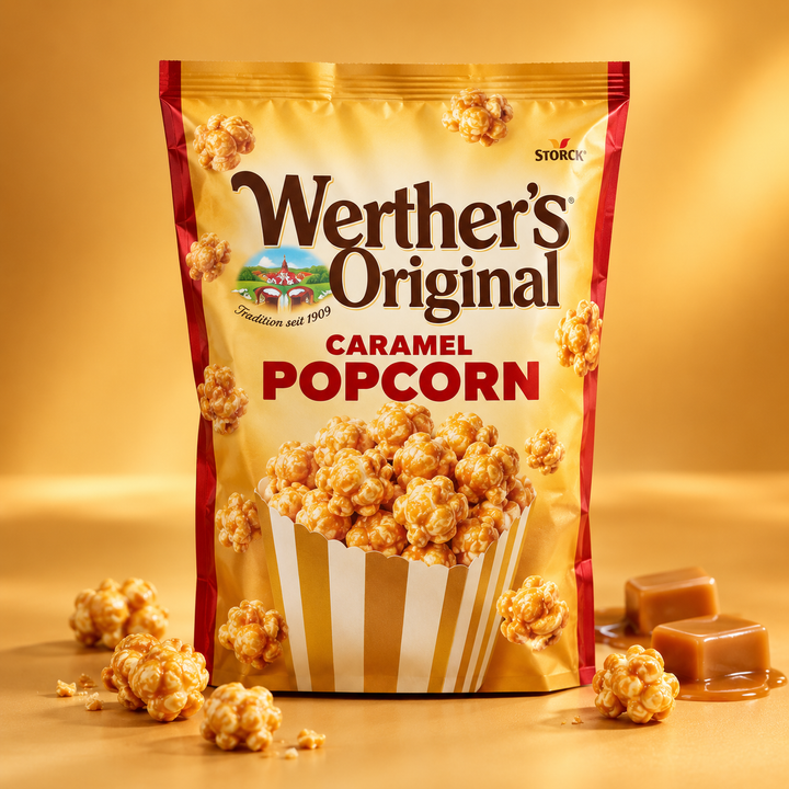 Werther's Original Popcorn Caramel Classic 140 g – Produktbild mit Karamell-Popcorn-Hintergrund