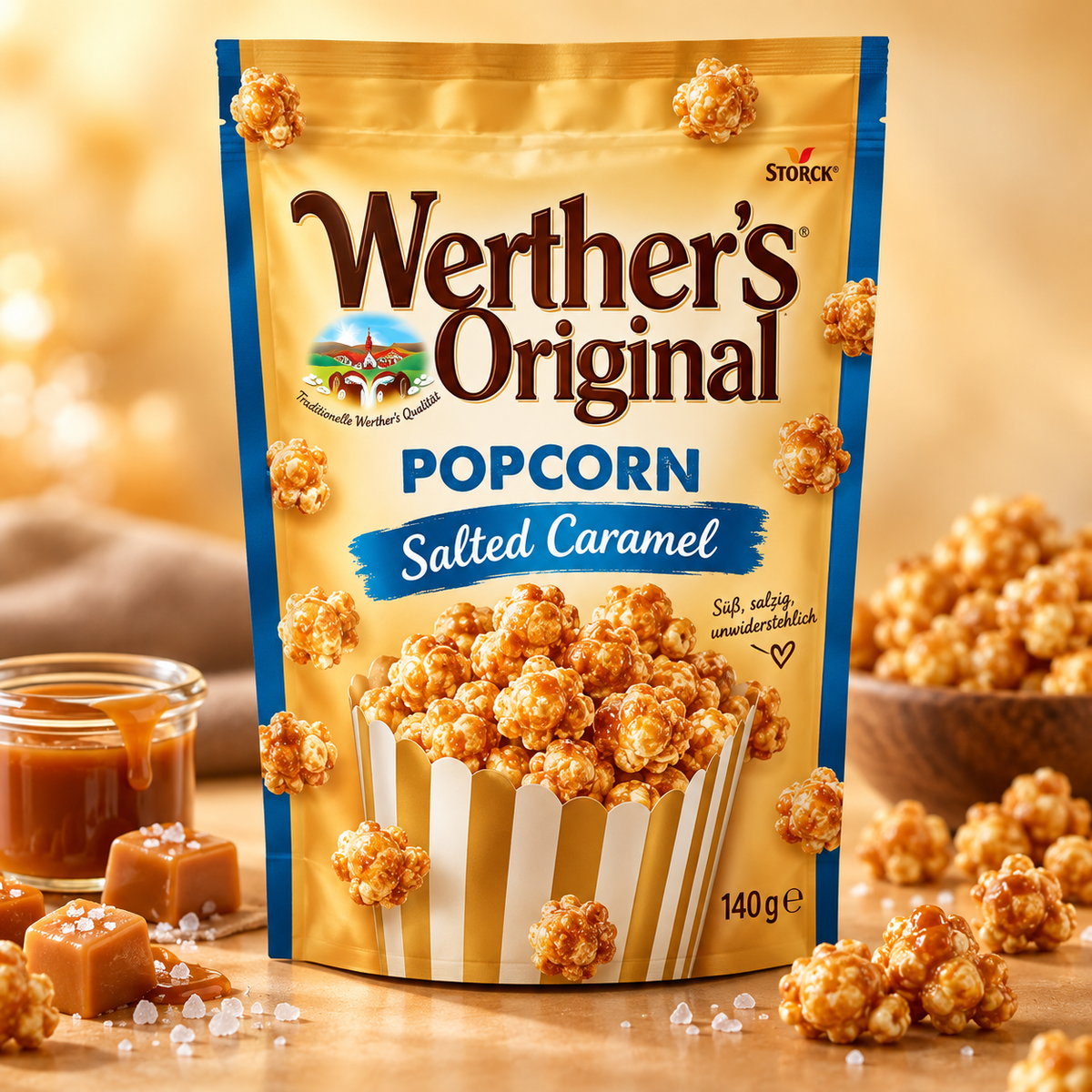 Werther's Original Popcorn Salted Caramel 140 g – Produktbild mit Karamell, Meersalz und Popcorn-Hintergrund