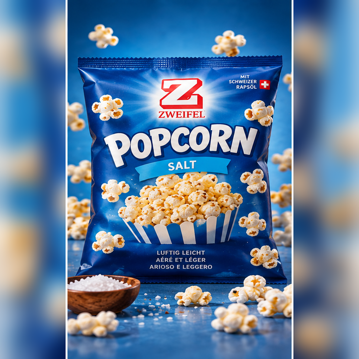 Zweifel Popcorn Salt 90 g – blue ecommerce scene with popcorn and salt