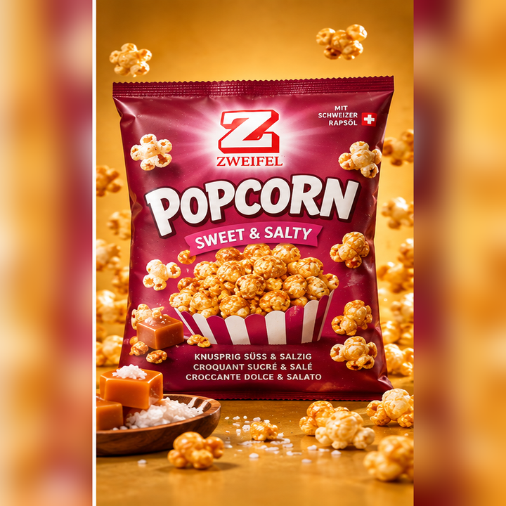 Zweifel Popcorn Sweet & Salty 100 g – warm ecommerce scene with popcorn, caramel and salt